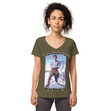 Load image into Gallery viewer, Women’s fitted v-neck t-shirt Bl. Pier Giorgio Frassati Pray for us T-Shirt by Charlie the Catholic