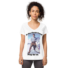 Load image into Gallery viewer, Women’s fitted v-neck t-shirt Bl. Pier Giorgio Frassati Pray for us T-Shirt by Charlie the Catholic